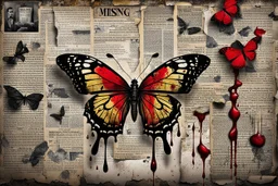 a black velvet butterfly is pinned to an old, dirty wall with a large shiny nail, red blood flows from the butterfly's wings and body, next to it on the wall are old, yellowed, cut-out newspaper articles about missing children, dirty fingerprints and drops of blood on the cracked, old gray-white wall , intricate details, sharp focus, cinematic, surreal, hauntingly beautiful, perfect composition