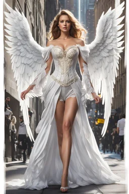 Front view ull body excellent realistic portrait Beautiful Angel straddle wings with luxury Victorian gown,walking at new York City street