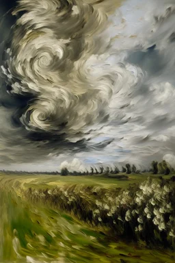 A white cloudy sky with tornadoes painted by Claude Monet