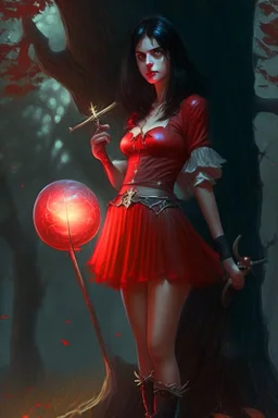 A young dark-haired witch in a red low-cut short skirt, standing under a tree, with a sword on her hip, glowing ball in her hand, photorealistic, delicate detail.