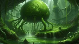 A surreal, alien landscape dominated by a giant, green, bulbous creature with thick, root-like appendages. Surrounding it are numerous smaller, spherical creatures with multiple spindly legs, resembling alien spiders. The environment is lush and overgrown with moss and strange vegetation, with a shallow, reflective pool of water in the foreground. The overall mood is dark, mysterious, and slightly unsettling, with a muted green and brown color palette.