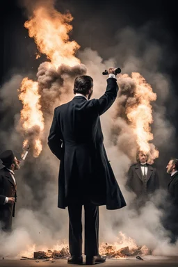 Create a powerful visual representation of the moment Booth fires a single shot into the back of Abraham Lincoln's head. Convey the shock and chaos among the audience as the gunshot reverberates through the theater