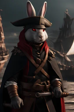 Frontal View of a Rabbit Warrior, wearing a cloak, with pirate hat, pirate ship, red eyes, cinematic, zoomed out, 8k