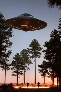 school kids see a saucer shaped ufo flying over tall pine trees, near a high voltage powerline with (three lights underneath) and lots of lights all around the edge, the year is 1966 in color, concept art, by Asaf Hanuka, by Weta Digital, Electric Colors, Screen Space Global Illumination, in a symbolic and meaningful style