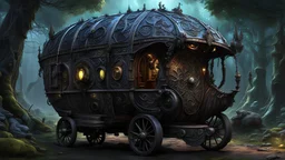 awesome gorgeous (gypsy wagon:1.5), intricate detail, sharp, colorful, iridescent, deep color, grey and black fairy forest, 8k resolution, trending on Artstation, glowing runes, zombiecore, H.R. Giger, dynamic lighting, blurred, deformed, poorly drawn face, poorly drawn feet, poorly drawn hands, ugly, signature, watermark