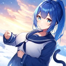 Clear Focus, High resolution, a girl in the snow, wearing a sailor uniform, cat tails and a long ponytail, blue hair