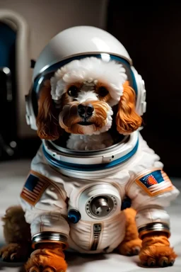 Toy poodle in astronaut suit