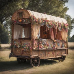 Old fashioned gypsy wagon decorated, curtains fluttering in the wind,