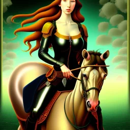 portrait of a beautiful busty Black Widow with green eyes riding a horse by Sandro Botticelli style