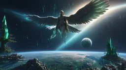 matrix universe, space, planets, god creation, angels from other dimensions with beautiful wings, trees on the planet, behind green crystals of light, few tiberium monolith deposits on the planet near tree,