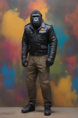 Aldo the black gorilla piece officer from Planet of the Apes wearing a clean, black leather jacket, dark colored shirt, dark tan khaki formal trousers and black slip-ons - extremely colorful, multicolored paint splattered wall in the background, oil painting by Leonardo da Vinci