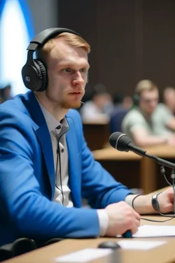 A simultaneous translator of Slavic appearance is sitting at a table with headphones with a microphone at a briefing, in a large hall, there are a lot of translators around, the background is blurred, everything is in pastel light colors