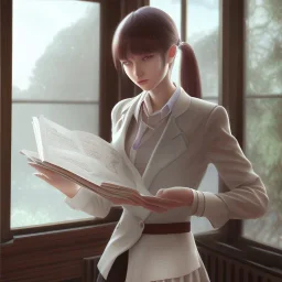 Anime, female student studying under window, studying lesson, perfect face, cool face, ultra detail, unreal engine 5, cinema4d, sun light, studio lighting --ar 1:1 --v 4