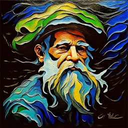 impasto oil painting of an old mariner, thick sculptural brushstrokes, swirling textures, golden beard flowing into stormy ocean, expressive portrait style, vivid ocean blues and greens, emotional and textured, expressionist painting --v 7 --style raw --ar 4:5 --q 2