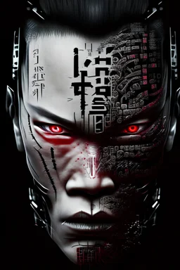 face of cyborg seen from the side with Japanese characters with evil expression
