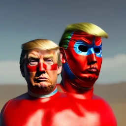 Realistic image of Donald trump wrestler, Mexican wrestling style, Mexican eyes wrestling mask, red and blue breeches, glow us flag dress, suspenders, retro style, 80s, vibrant color, highly detailed, sky background, concept art, unreal engine 5, god rays, ray tracing, RTX, lumen lighting, ultra detail, volumetric lighting, 3d, finely drawn, high definition, high resolution.