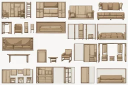 Sprite sheet, furniture, architectural plan, couch, table, chair, top view, dilapidated, post apocalypse,