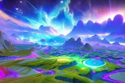 cosmic landscape with blue grass with magic lake, sky with light and stars. a bright spaceship in the sky with blu laser light