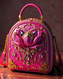 expensive back bag,rich, fantasy, diamond glitter, neon magenta, super realistic, metallic gold decorated with Diamonds and rhinoceros, colorful inset design creates an art deco visual pattern, prismatic crystal glass peony out of the art nouveau space, HD