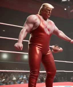 Photo realistic, Wrestler Donald trump, wrestling, American shot, sweat, blood, red breeches, suspenders, retro style, 80s, hot ambient, photo studio, vibrant color, gradient, highly detailed, art stations, concept art, smooth, unreal engine 5, god rays, ray tracing, RTX, lumen lighting, ultra detail, volumetric lighting, 3d, finely drawn, high definition, high resolution.