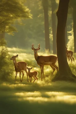 A cute serene forest glade with a family of deer grazing peacefully under the dappled sunlight