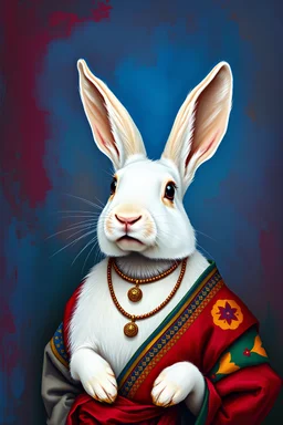 potrait realism white rabbit wearing a colorful clothes and necklace on blue and red background with canvas texture