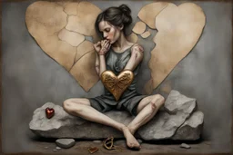 A sad and broken beautiful young woman is sitting on a stone holding a broken metal heart in her hands; perfect anatomically correct hands, perfect anatomically correct feet, mixed media collage, textured, layered, assemblage, inspired by Brian Viveros and Esao Andrews, elements of kintsugi on the edges of the heart with a gold and oxidized copper patina, backdrop of tumbleweeds and cacti interspersed with delicate flowers and subtle bokeh effects, the entire composition exuding an aura of grief