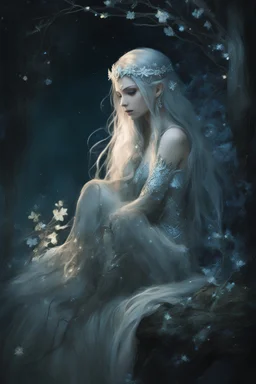 Elven princess,elven crown,long blonde golden hair,rapunzel hair,ice flowers,beautiful,light blue,dark blue,golden armor,sparkle,glitter,ice flowers,snow,elven ears,dark fairy princess