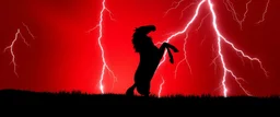 full silhouette of a horse rearing up(on left side, outlined by lighting), red sky, lightning bolts(wide from top right to bottom left), speed force