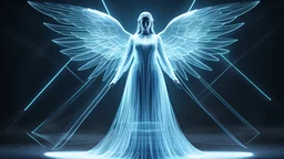 a 3D hologram of an angel with long gown, focusing on clean lines and shapes. The angel's form should be reduced to its most basic, abstract elements, resembling a wireframe or a digital projection. Emphasize a transparent quality, with the angel image composed solely of luminescent lines, and geometric shapes. This hologram should give the impression of a digital projection, with no visible skin or physical features. It's a representation of the angel as a pure, abstract form, evoking a sense o