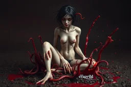 Petit weird woman with many worms from his body, sit pose, fullbody, splashes blood, behind guts rising from the ground, darkred tones, macro photography,