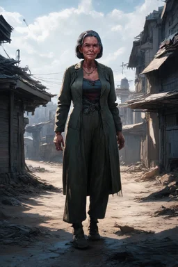 cyberpunk saggy granny woman, abandoned sci-fi town, future, sci-fi