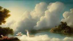 A majestic scene of angelic figures dancing gracefully in a heavenly landscape of snow and billowing clouds,in the Paradise Creation of Adam and Eve