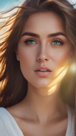 art of a beautiful girl just awake from sleep and the sun after her, 4k colors. real skin, looking at the sky, green eyes