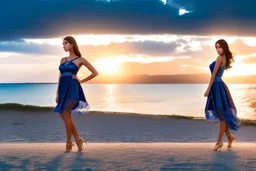 very nice real face beautiful sexy roman with make up at the beach standing pose in a short lace dark blue and silver dress, full body, 3D cloudy sky volumetric nice clouds 8k sharp focus,sunset,golden hour