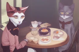 A cat wearing clothes is sitting at a table eating sushi. Manga style. Perfect iris. Paws. Mug with cat face