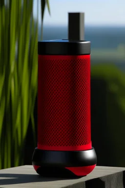 portable speaker, form inspired by merdeka 118 tower , flora and fauna form, modern design style and black and red color