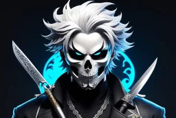 Logo skull, man hair , scissors, mask, cover face in 8k solo leveling shadow artist dynamic pose, oshare kei, hurufiyya, rtx, intricate details, highly detailed, high details, detailed portrait, masterpiece,ultra detailed, ultra quality