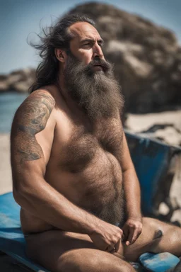 photography of a tired chubby hairy burly 46 years old ugly arab carpenter, big nose, tattoo, long beard, shaved hair, manly chest, angry eyes, open legs , on the beach in the sun, big shoulders, big tights, side light, ground view angle,bartoslora1 man