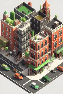 isometric painting of Little Italy in New York with multiple rooftops