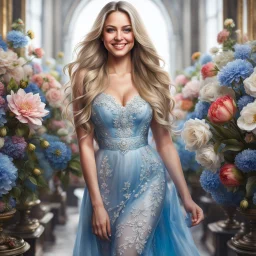 (best quality, 4k, 8k, highres, masterpiece:1.2), ultra-detailed, (realistic, photorealistic, photo-realistic:1.37),hyper realistic, full body gorgeous smiling 1woman,long hair,looking at viewer,realistic proportions,blue eyes,hair ornament,transparent top dress,very long hair,flower,blonde hair,parted lips,necklace,white dress,blonde hair,lips,joyful pastel background,freckles,realistic,head wreath, pink flower,realistic portrait, dreamy fantasy landscape countryside,great pespective,crystal