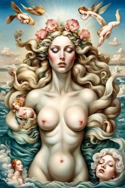a striking image of the birth of Venus, exactly in the famous style, she is surrounded by modern style realistic and detailed images of ladies with facelifts, Botox lips, too much makeup, fake beauty , they look at her jealously as their fake beauty cannot overshadow the natural beauty of Venus