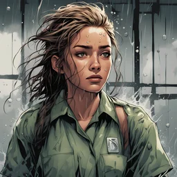 Young woman in prison fatigues that are soaked, hair also soaked in the marvel comic style