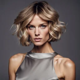 photography of a beautiful anorexic woman, silver satin top, sports illustrated, short wavy bob haircut, pronounced sternum