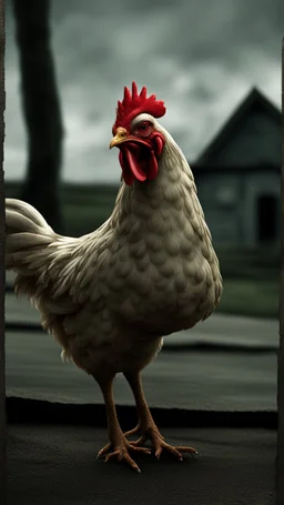 Generate a spine-chilling Halloween horror scene featuring a chicken as if it's a character from a terrifying movie, with eerie lighting and a haunting atmosphere , photo / ultra realistic."