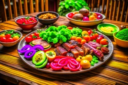 The picture shows a tasty and enticing dish containing a variety of tasty and colorful foods. The foods include perfectly grilled meat slices and crispy fresh vegetables pulsating with colors and flavors. The background shows a simple wooden table and a warm climate that feels comfortable and enjoyable to the eating experience.