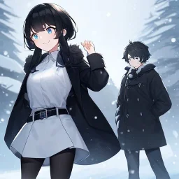 Clear focus, High resolution, black short fluffy hair, long locks, smiling, wearing a black coat and a white short skirt with black leggings on, wearing a white shirt, wearing a grey belt, looking confused, snow in the background, blue sparkling eyes