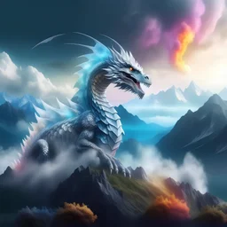 Breathtaking scene of a cloudy mountain range with superimposed multiple-exposed hyperealistic, Ultra-detailed white/grey fractal giant Dragon with long flowing wings and tail with light blue/silver highlights, grass and a rainbow effect on a black background, high contrast, light effect, smoke effect, smoke and stars in the background