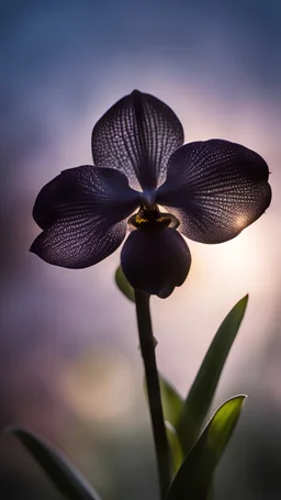 Photoreal microscopic of a black transparent orchid , at twilight, backlight only, bokeh