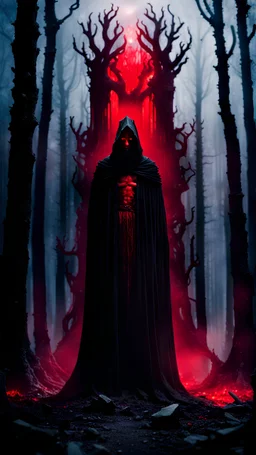 In the center of the dark dead forest epic stands an tall figure in black mantle without face, ancient altar of the dead, from which red mist emanates, horror film style